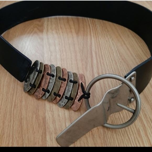 Chicos Black Leather Boho Rare Buckle Hook Belt Small - Picture 2 of 8